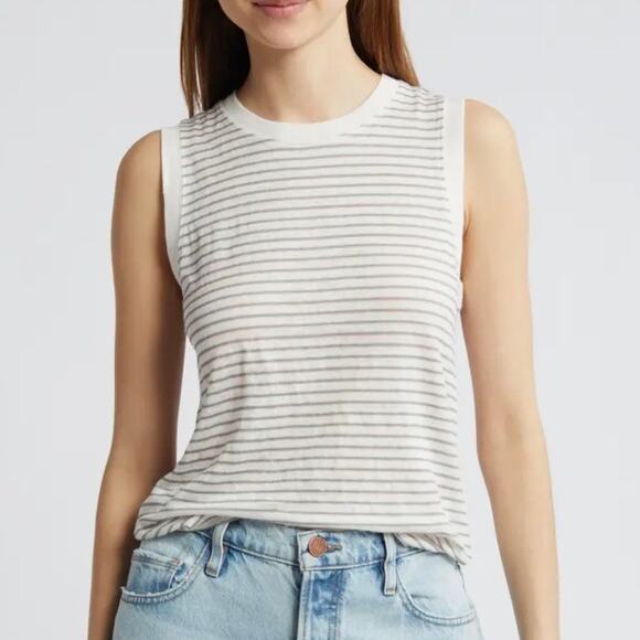 Frame 100% Organic Linen Green Stripe Crew Neck Muscle Tank - Picture 2 of 15